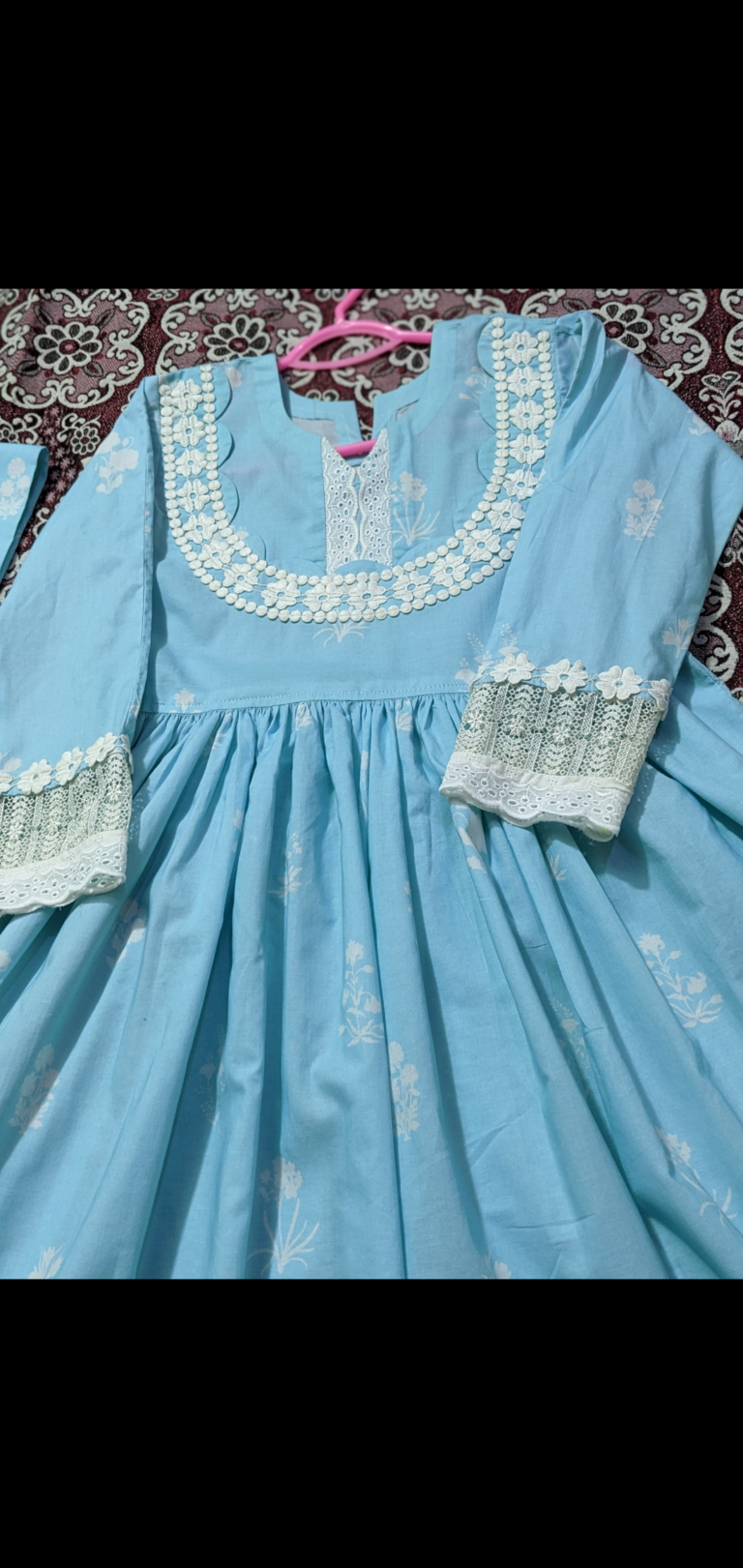 Baby Blue Frock – Lace & Floral Detailing